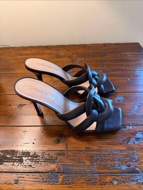 Coach Brown Knotted Leather Mule Heels with Square Toe